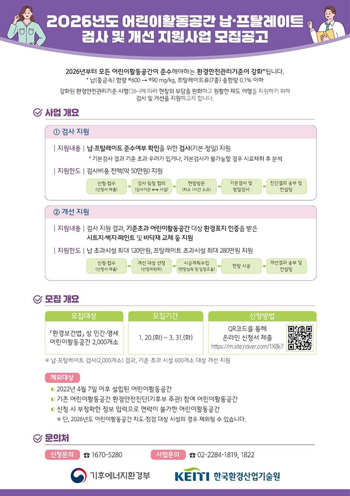 어린이집·유치원 유해물질 검사부터 시설개선까지 무상 지원받는다