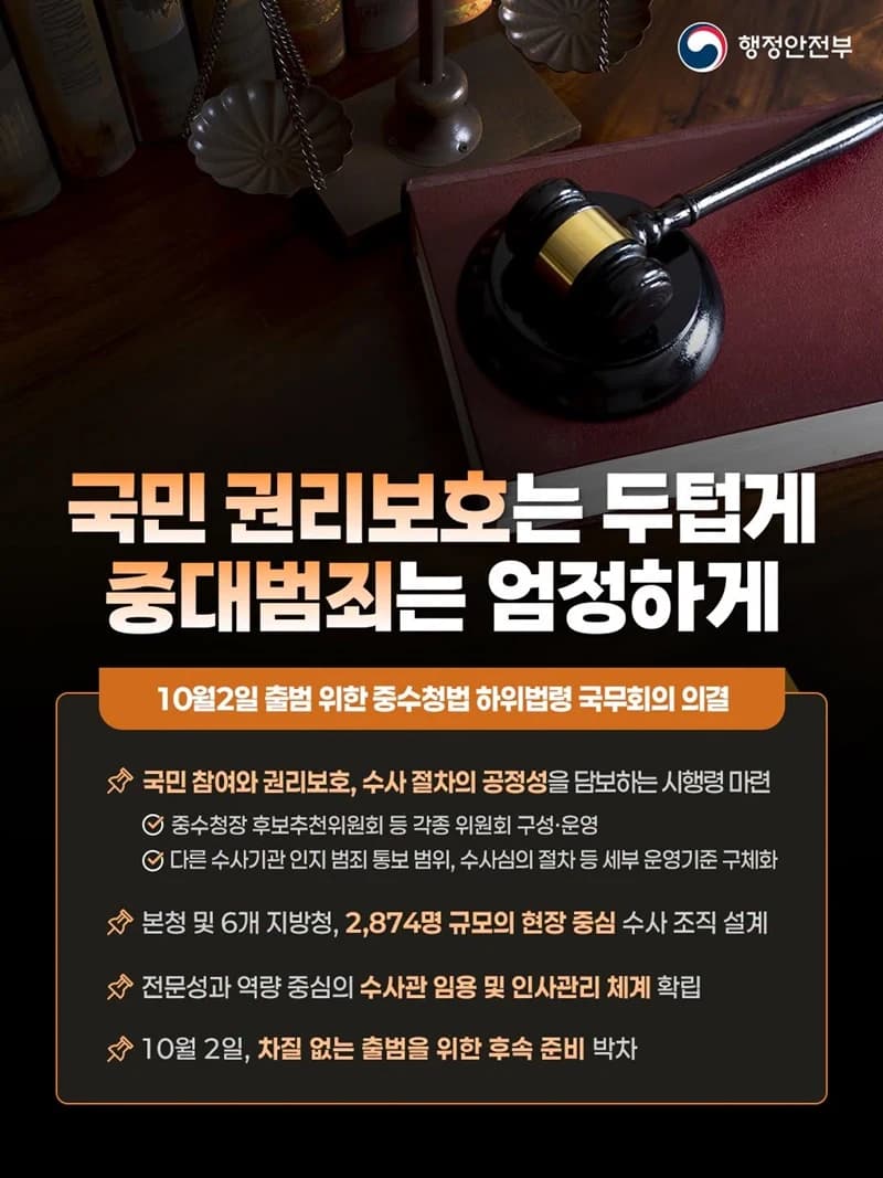 중대범죄수사청 10월 2일 출범…하위법령 의결