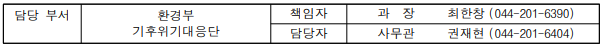 담당 부서 환경부 책임자 과 장 최한창 (044-201-6390) 기후위기대응단 담당자 사무관 권재현 (044-201-6404)