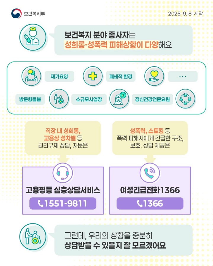 보건복지 종사자, 이제 성희롱·성폭력 피해 더 쉽고 전문적으로 상담받으세요