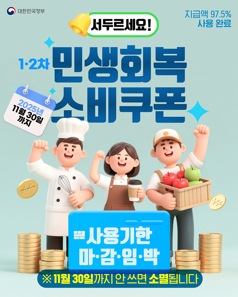 97.5% 사용 완료! 민생회복 소비쿠폰, 11월 30일까지 꼭 사용하세요